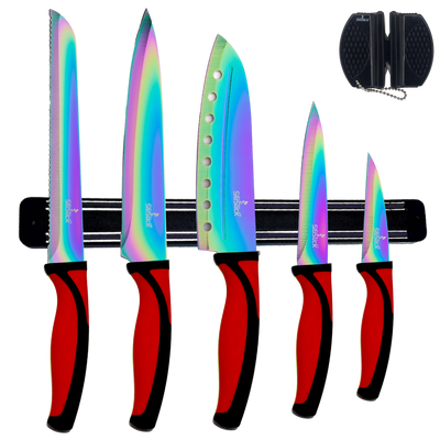 Kitchen Knife Set Kit | Red Handle & Black Magnetic Rack